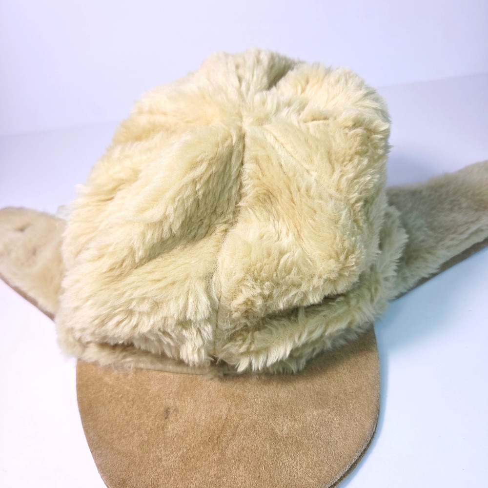 Vintage Suede Trapper Hat Mens Tan Leather Aviator Ear Flap Cap Portugal Fur - Picture 7 of 9
